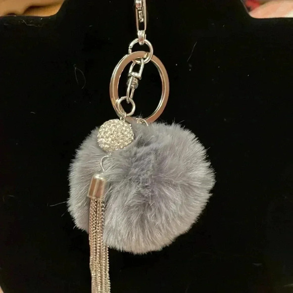 Gray fluff-Silver studded Key/Purse Charm - Picture 1 of 4